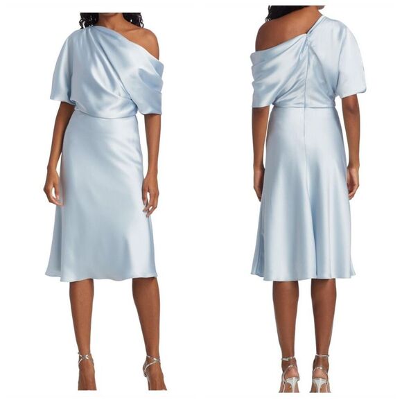 Amsale Womens Fluid Satin Draped One-Shoulder Cocktail Dress Jade Size 0 - Picture 2 of 8